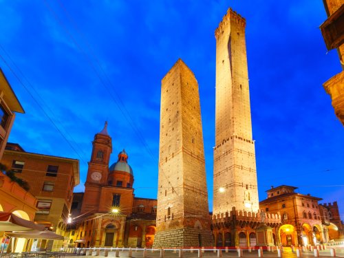Famous Two Towers of Bologna at night, Italy